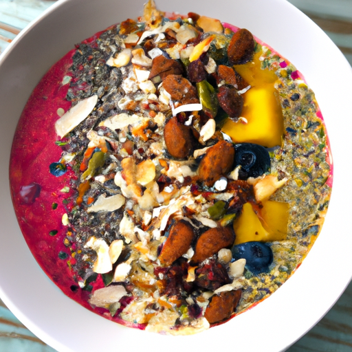 A colorful smoothie bowl topped with sliced fruits, nuts, and seeds