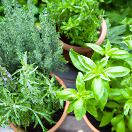 A vibrant herb garden with pots of basil, thyme, and rosemary