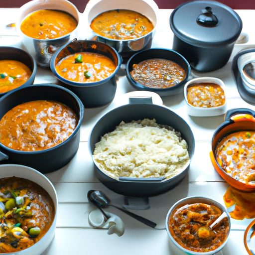 A variety of colorful and delicious one-pot meals in different pots and pans